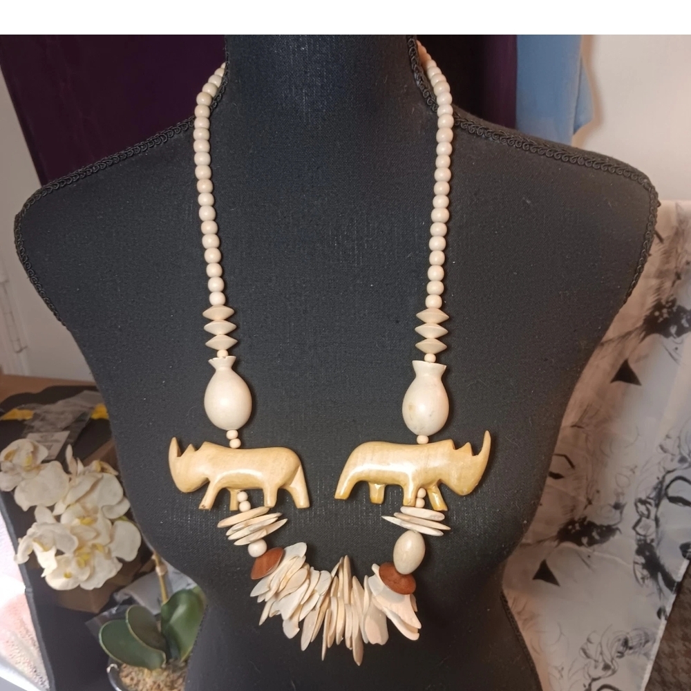 Wooden Handmade Safari Rhino Beaded Necklace  18" Natural Wood Color